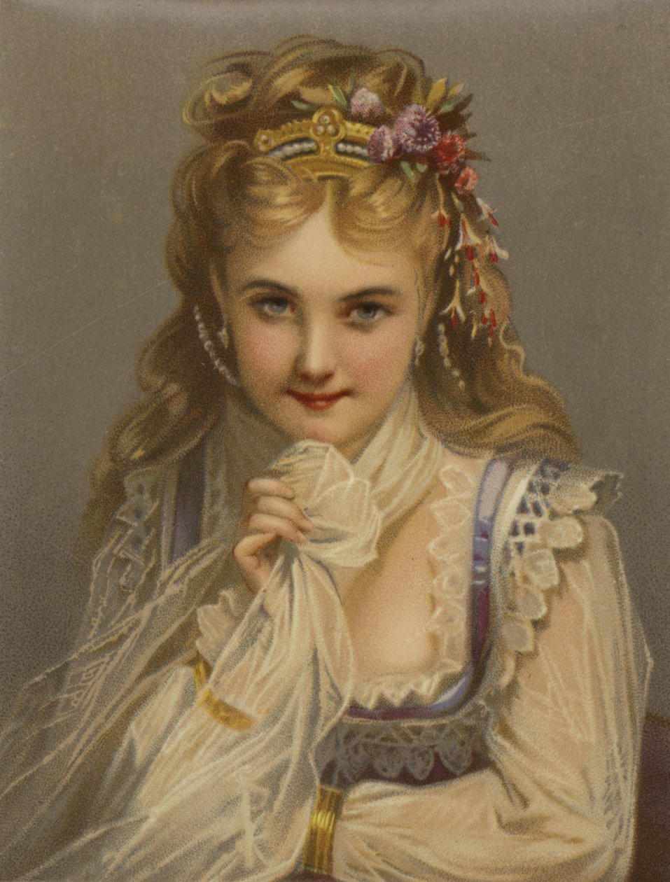 Ragazza con capelli biondi, gioielli, fiori e sorriso timido (cromolito) da French School