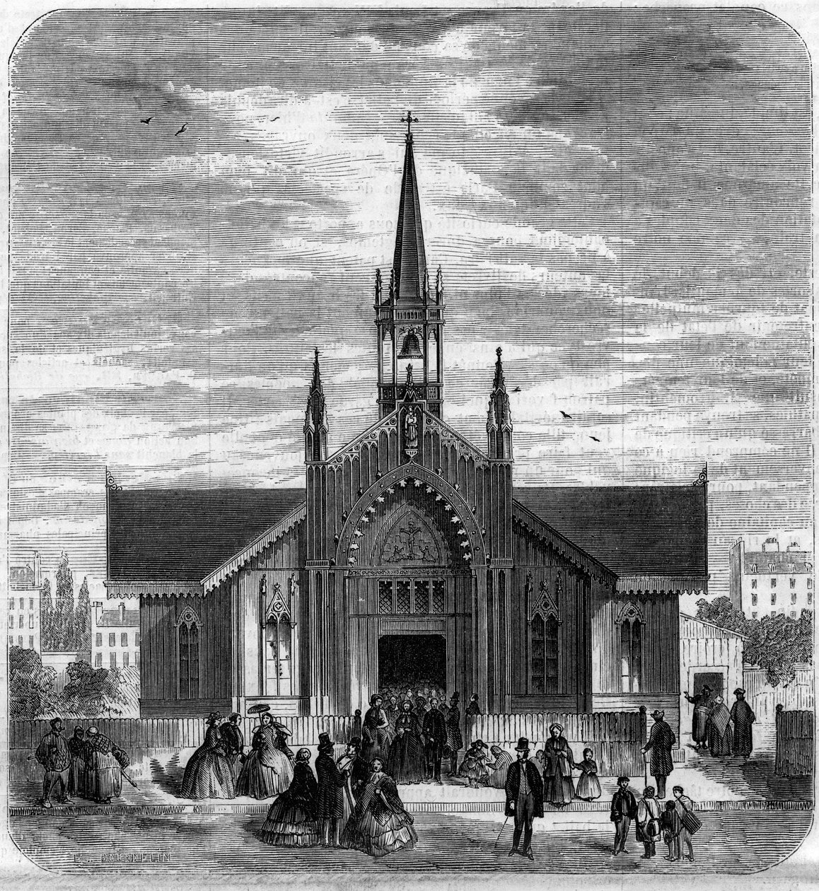 Architettura gotica: vista della facciata della chiesa di Sainte Marie des Champs, Parigi da French School