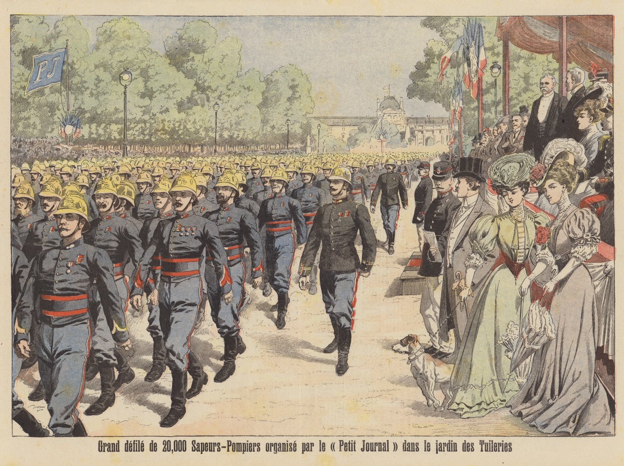 Grande parata di 20.000 pompieri attraverso il Jardin des Tuileries a Parigi (litografia a colori) da French School