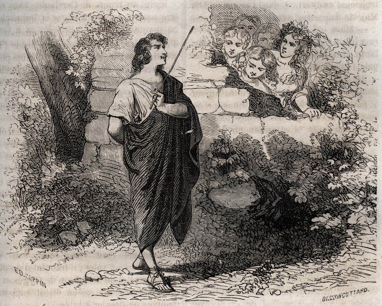 Mitologia greca: Bacchis e i suoi amici cercano di sedurre Gyges che rifiuta e rimane fedele alla sua defunta moglie. Incisione del 1871 in 