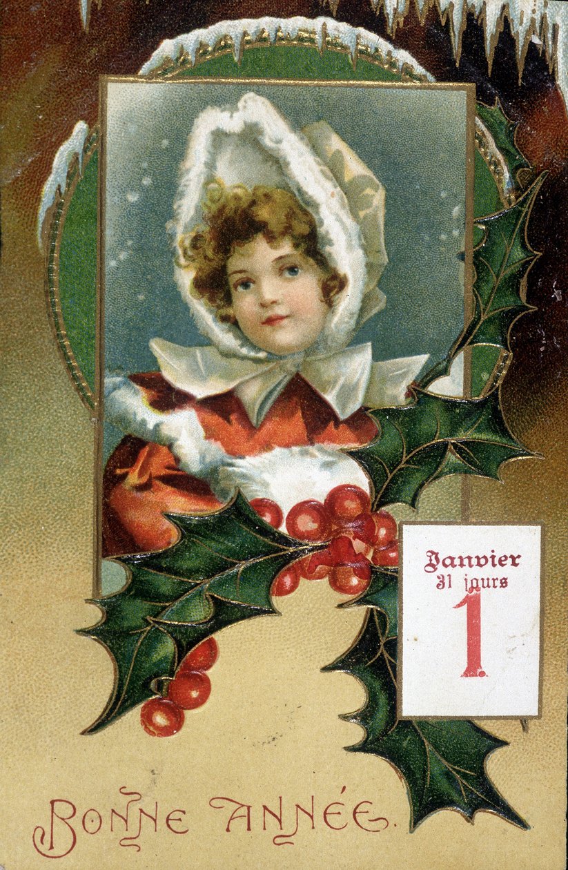 Cartolina di auguri: "Buon Anno" (ragazza con agrifoglio) - cartolina, inizi XX secolo da French School