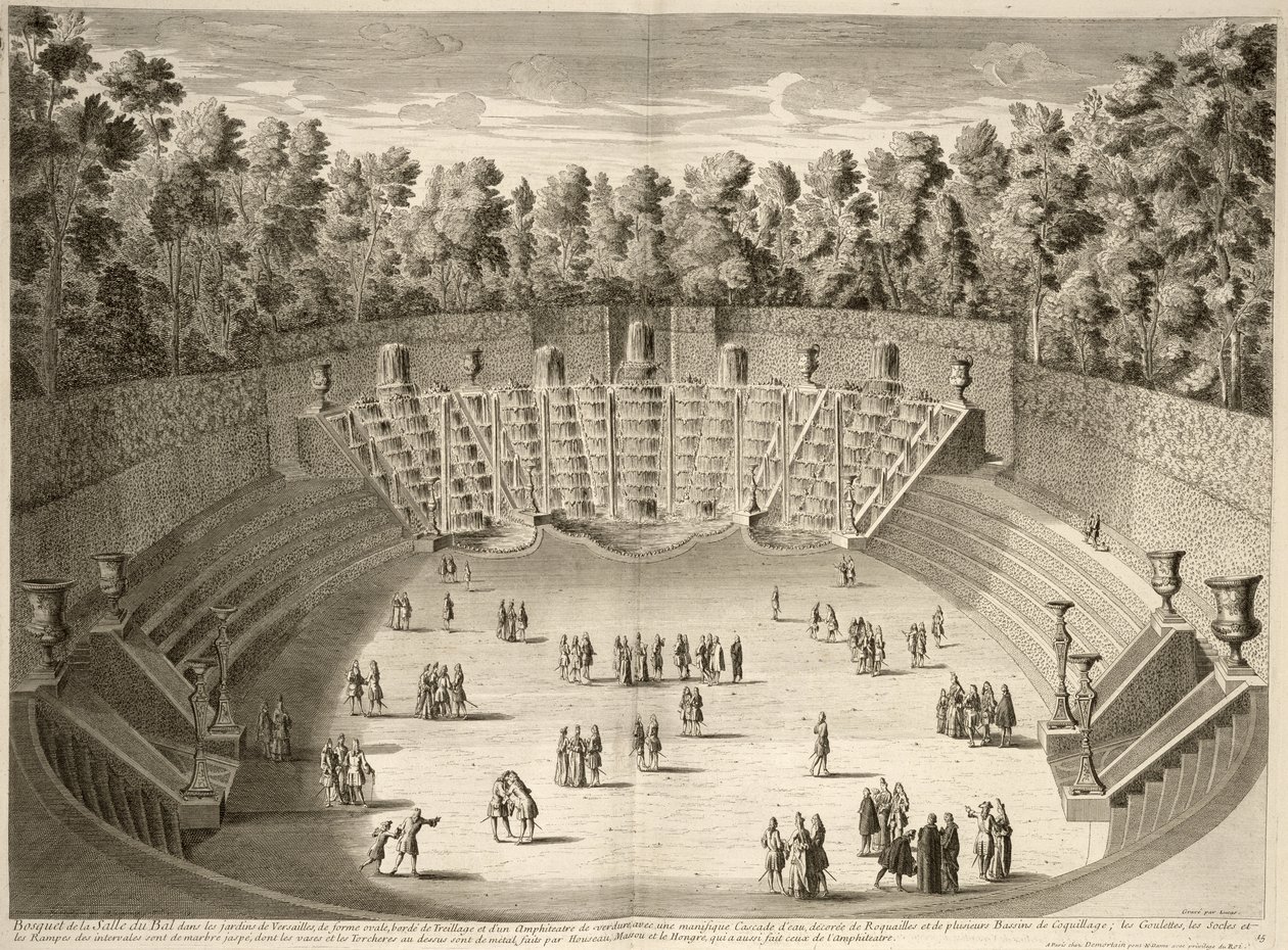 Boschetto della Salle du Bal, Versailles, da Les Plans, Profils et Elevations des Ville et Chateau de Versailles, inciso da Lucas, pubblicato c.1715 da French School