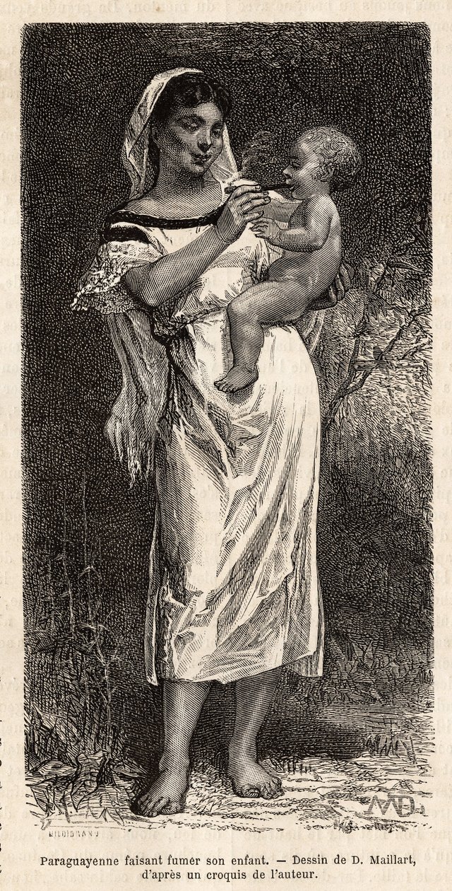 Donna Guaranie che fuma il sigaro al suo bambino, portato sul fianco, per cercare di placare il suo pianto, incisione dal disegno di D.Maillart, illustrante il viaggio in Paraguay nel 1872-1873, di L.Forgues, pubblicato in "Le tour du monde" 1874, a cura d da French School