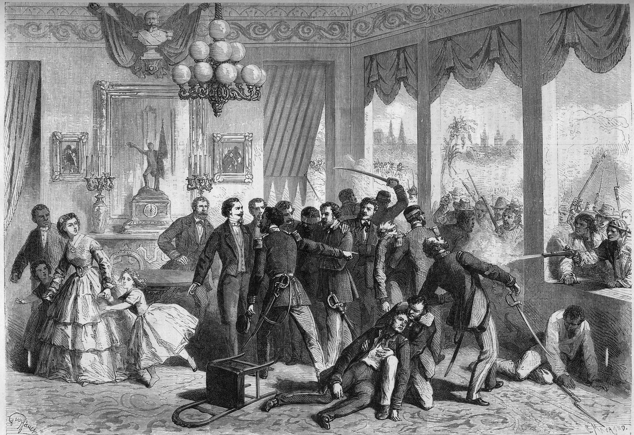 Guerra ispano sudamericana - Lima (Perù) - 5 febbraio 1865: gli spagnoli feriti e inseguiti dalla popolazione della città si rifugiano alla legazione francese. Incisione in "Le Monde Illustré" n.421 del 6 maggio 1865. da French School