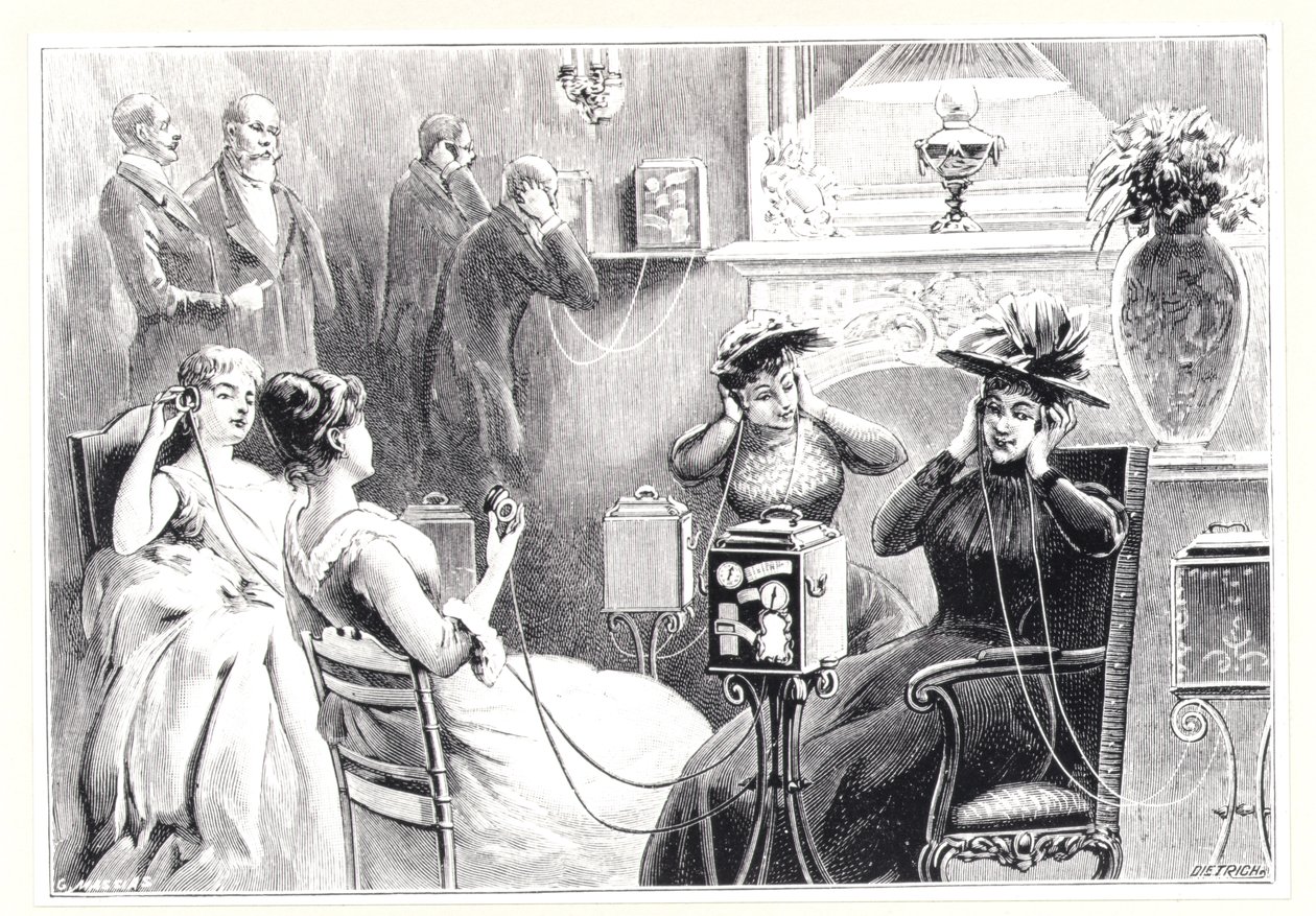Ospiti in un hotel di Parigi che ascoltano trasmissioni dirette di opere o spettacoli teatrali sul Theatrophone di Marinovitch e Szarvady, da La Nature, pubblicato nel 1892 da French School
