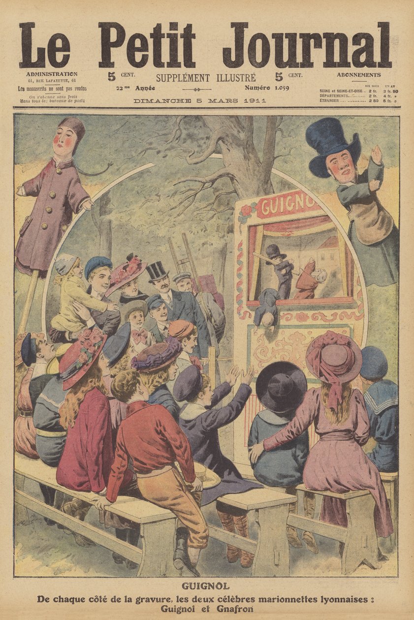 Guignol e Gnafron, famosi burattini francesi di uno spettacolo di Lione (litografia a colori) da French School