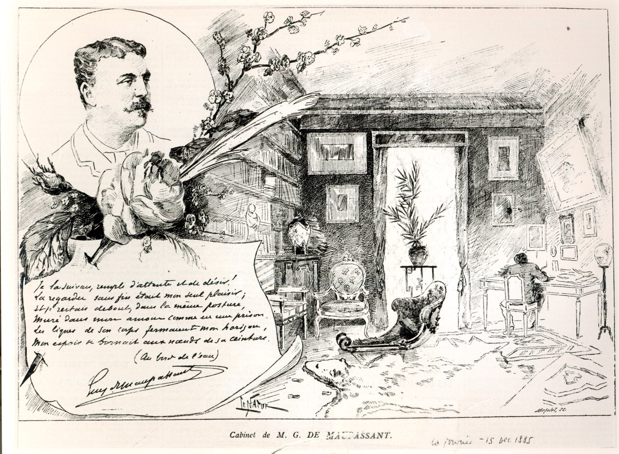 Guy de Maupassant (1850-93) e il suo studio da French School