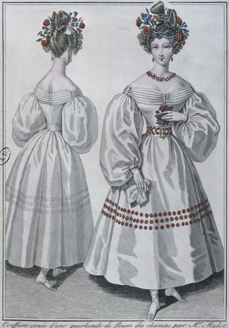 Acconciatura con una ghirlanda di fiori selvatici, Parigi, 1829 (incisione a colori) da French School