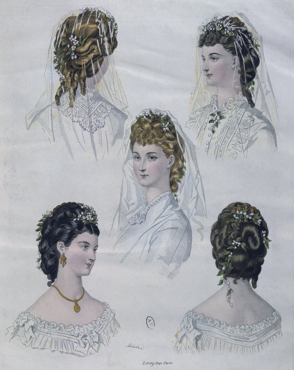 Acconciature, illustrazione da La Mode illustrée, 1872 (incisione a colori) da French School