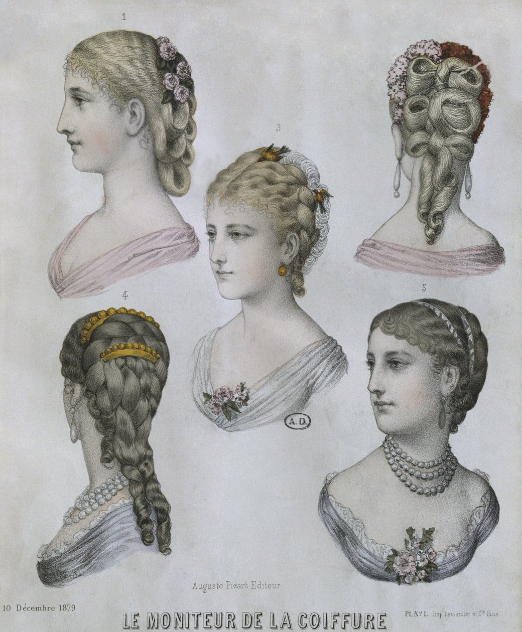 Acconciature, illustrazione da Le Moniteur de la Coiffure, 10 dicembre 1879 (incisione a colori) da French School