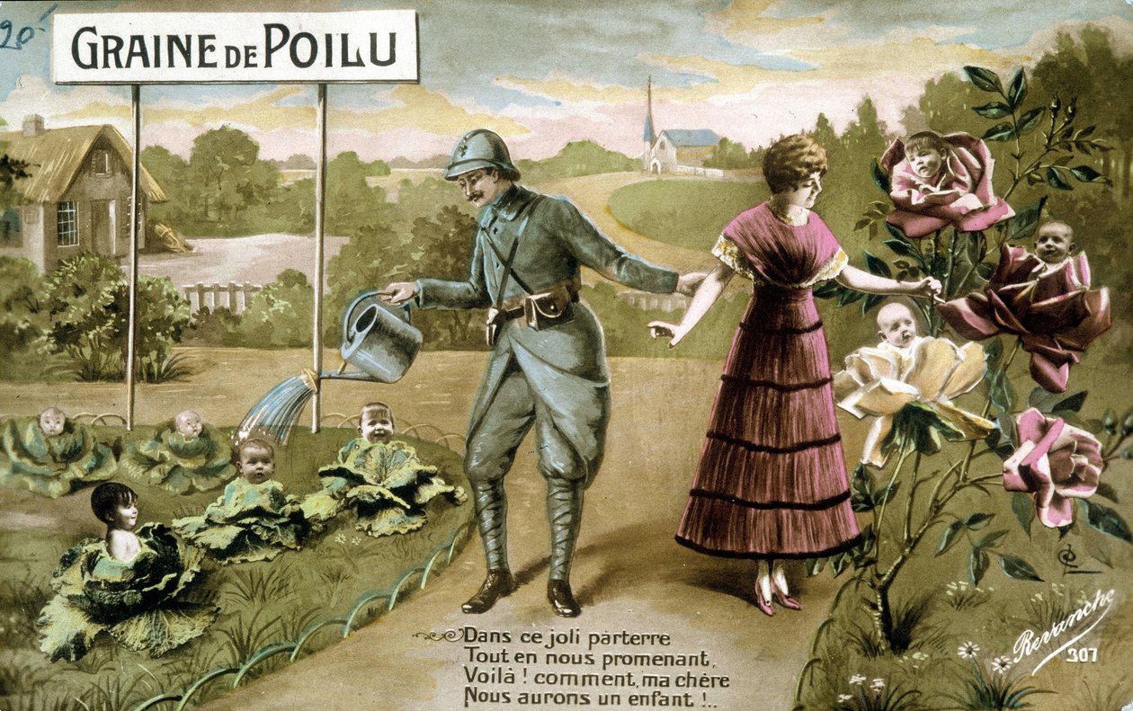 Semi pelosi: In questo bel pavimento mentre camminiamo, Ecco! come mio caro avremo un bambino - Cartolina sulla nascita, ca. 1914 da French School