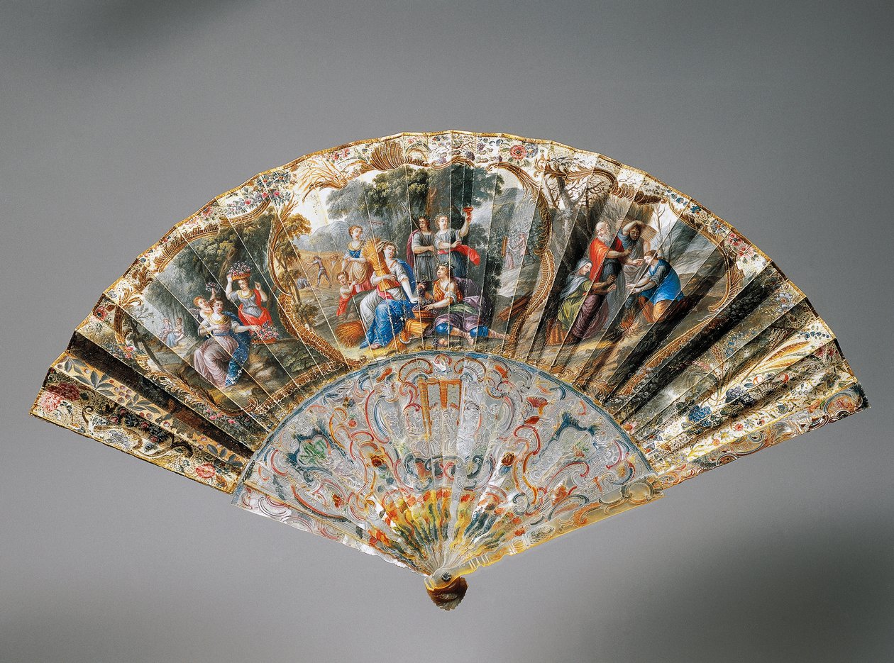 Ventaglio a mano con allegorie delle quattro stagioni, foglia di pelle di capra e costole di madreperla da French School
