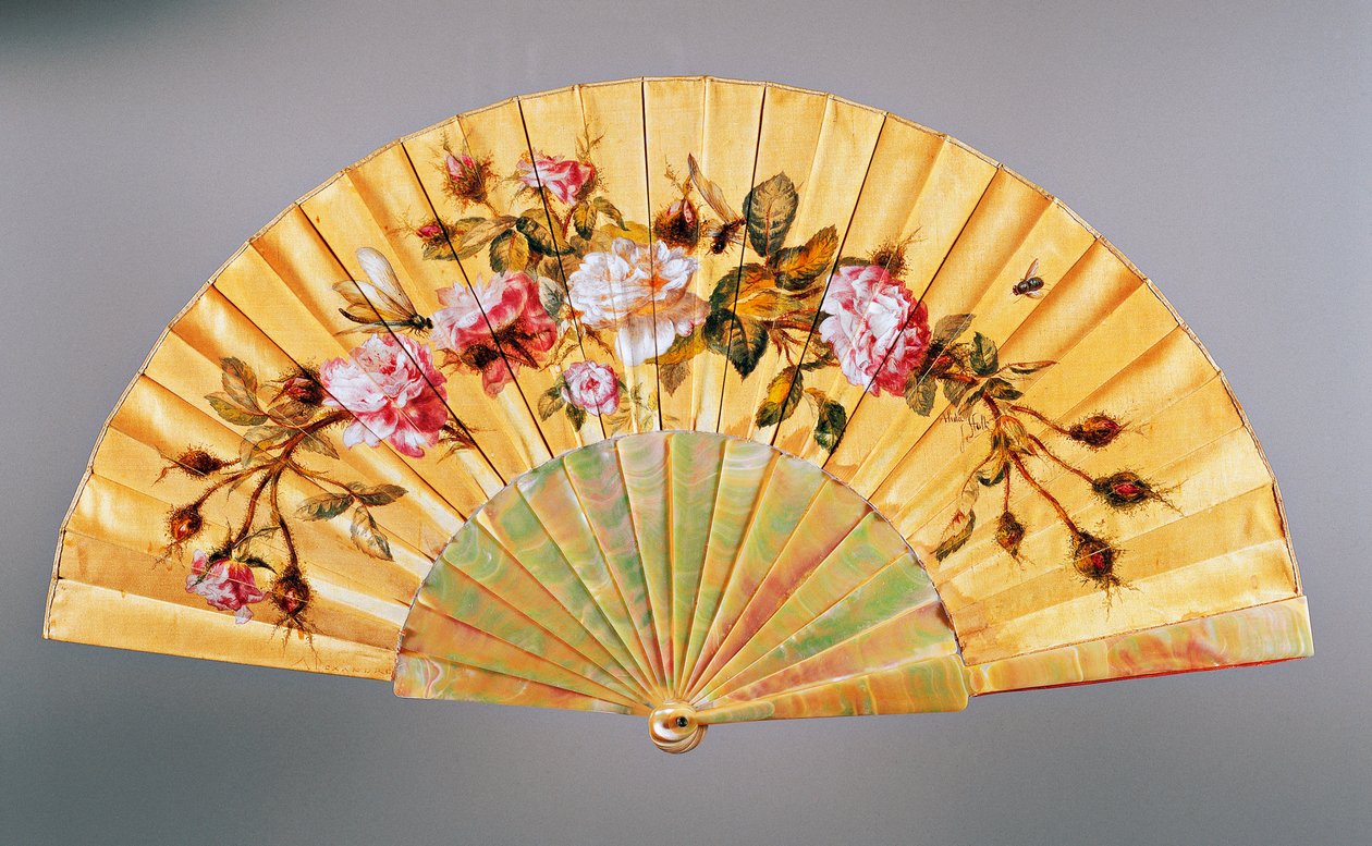 Ventaglio con rose e insetti, seta e madreperla, creato da Felix Alexandre, Parigi, ca 1870 da French School