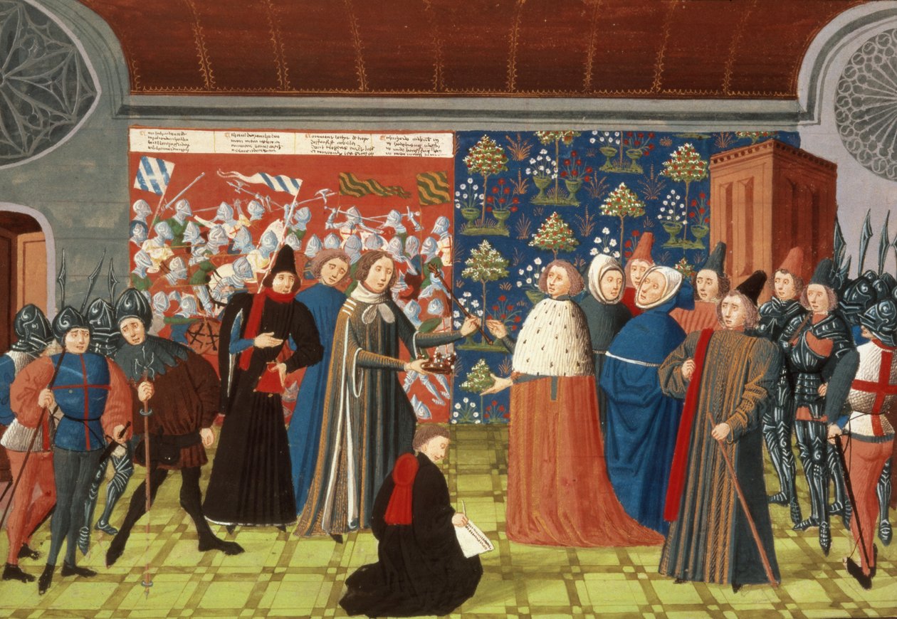 Harl.4380 f.184v Riccardo II cede la corona al Conte di Derby, dalla Cronaca di Froissart, Vol IV da French School