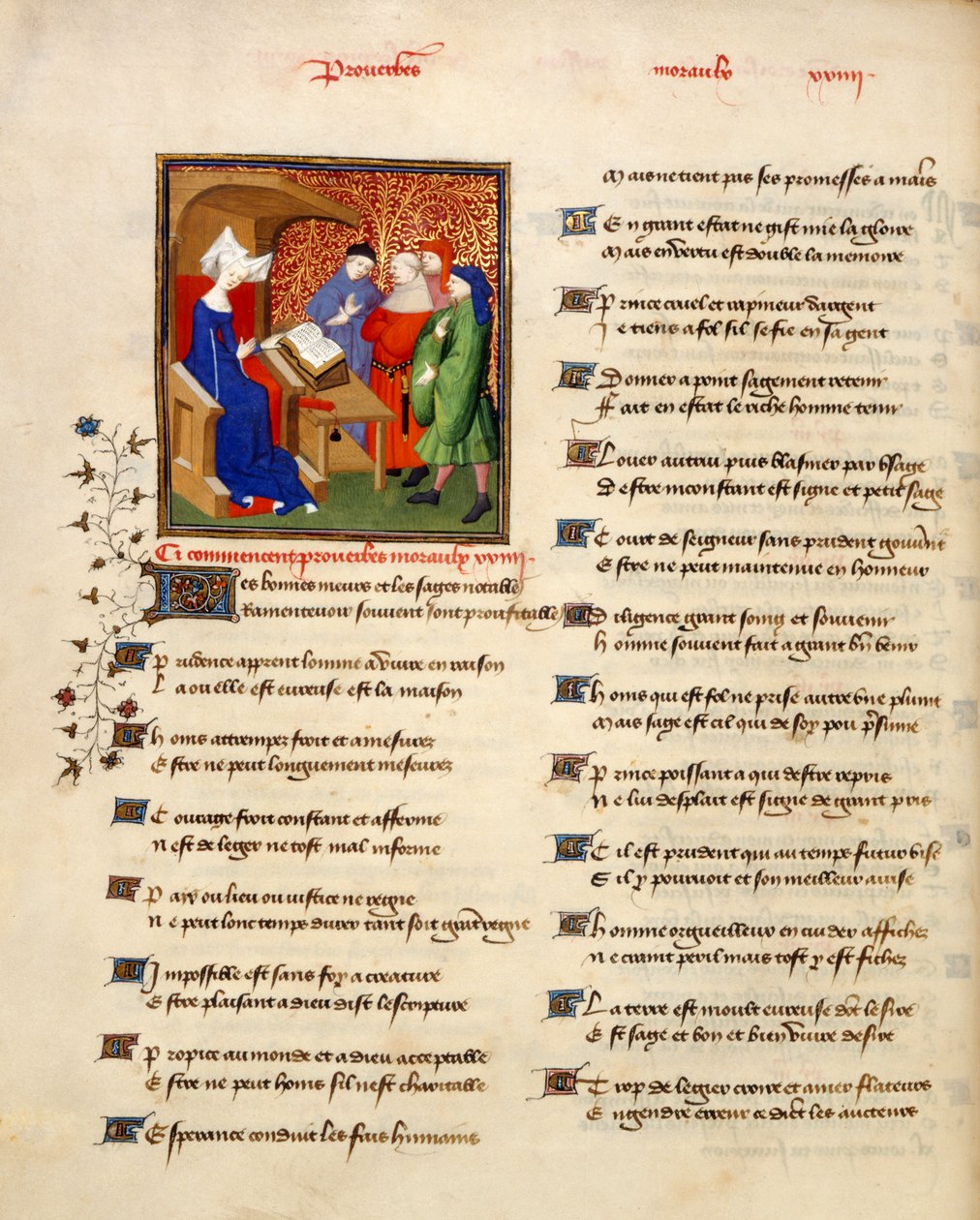 Miniatura di una donna che legge proverbi morali all