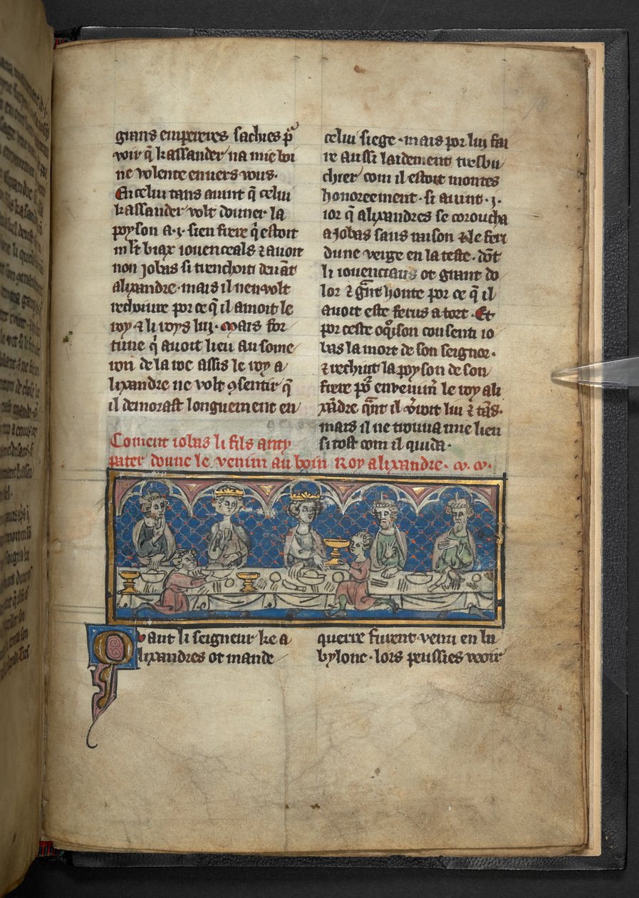 Harley 4979, f.78 Alessandro riceve veleno da Jobas durante un banchetto, da 