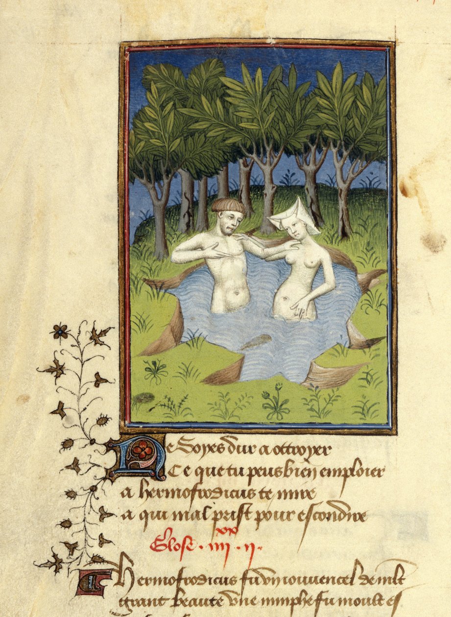 Miniatura di Ermafrodito e la ninfa Salmace che si bagnano in un lago, da 