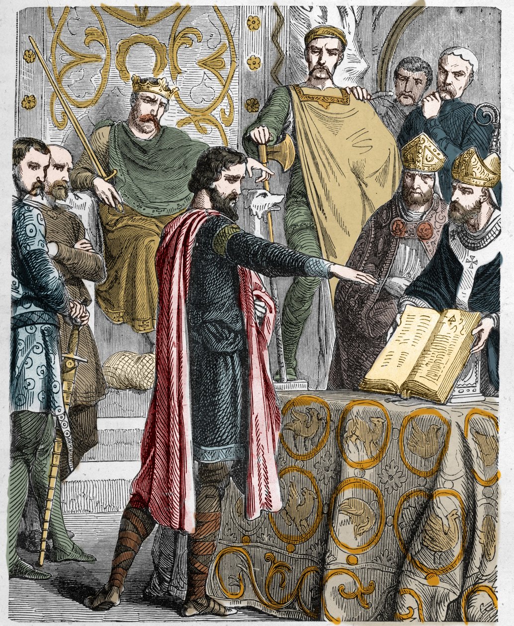 Harold II (1020-1066) ultimo re anglosassone incoronato nel 1064, giura sulle reliquie sacre davanti a Guglielmo I il Conquistatore di sostenere la sua causa per il trono d