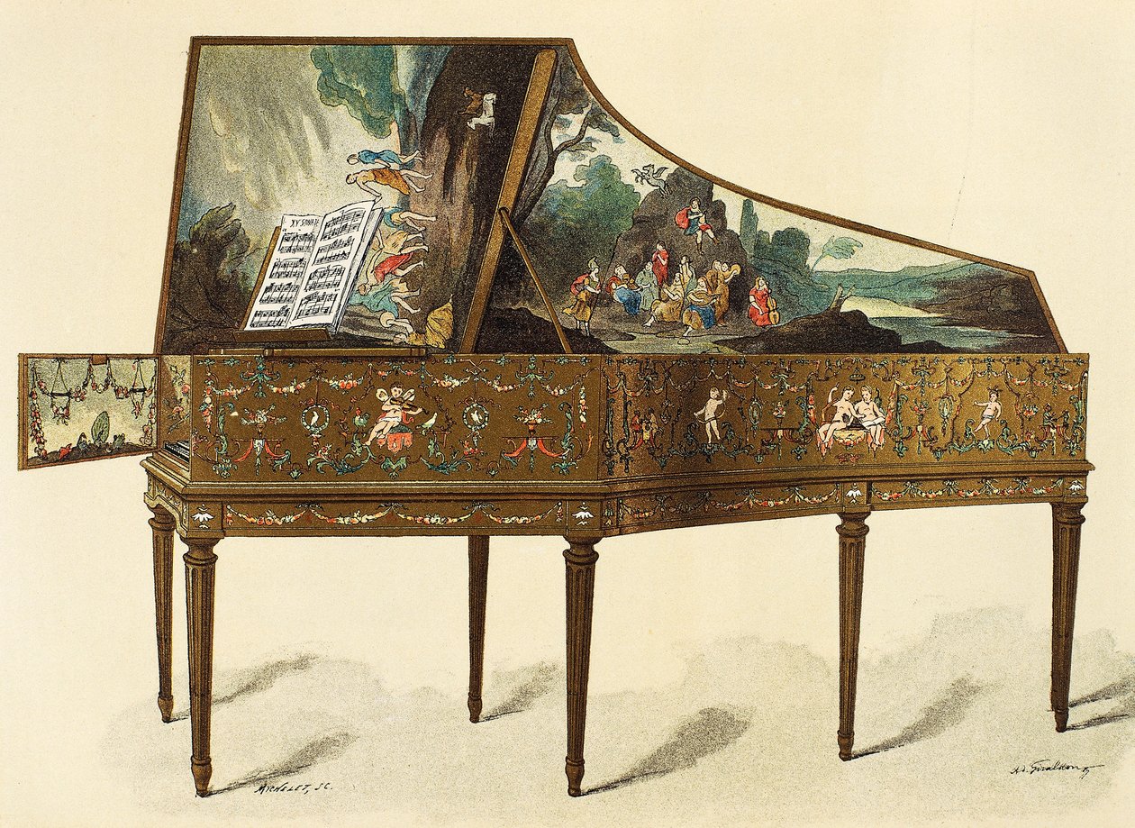 Clavicembalo decorato con grottesche, illustrazione da Dictionary of Furniture and Decoration di Henry Havard, Volume I da French School