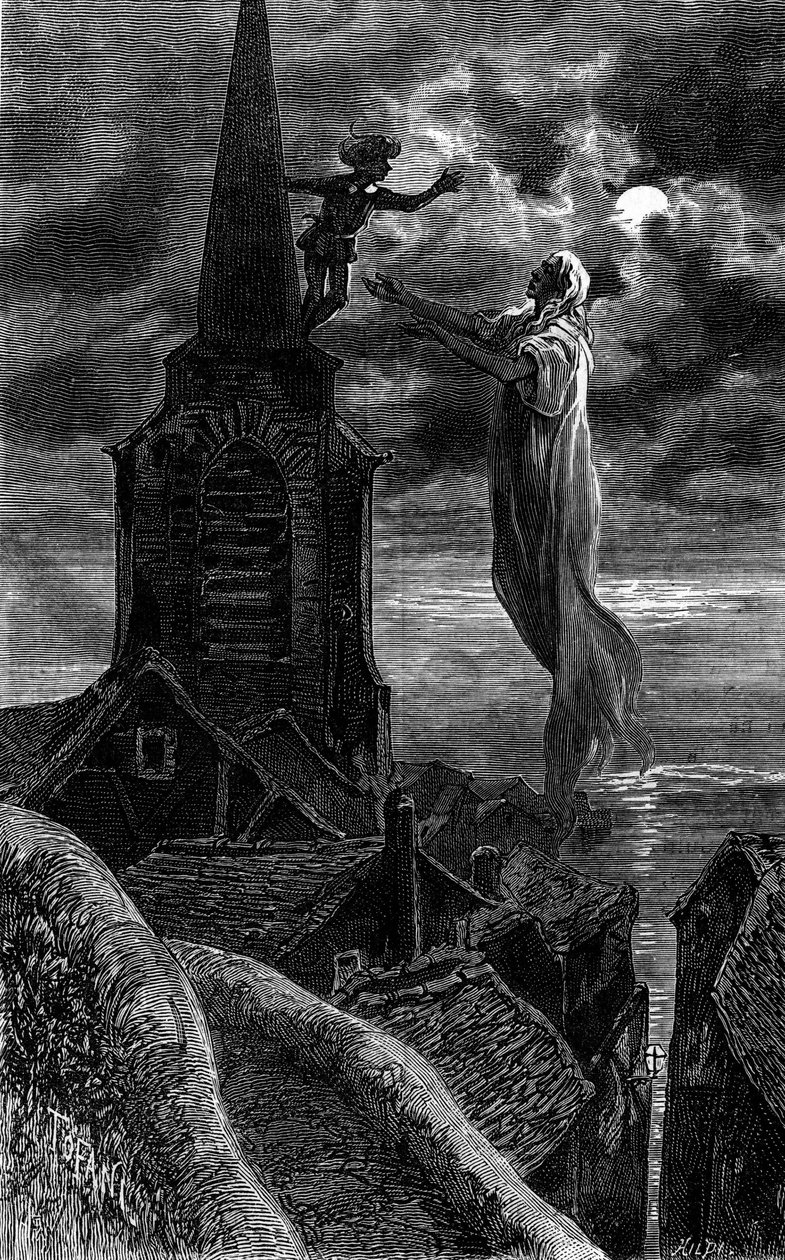 Apparve sul campanile della chiesa. Incisione che illustra il romanzo "Fuoco e Fiamme" di Zenaide Fleuriot. In "Le Journal de la jeunesse" da French School