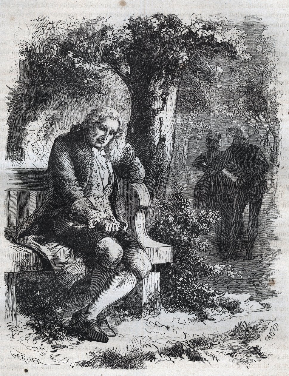 Sentì il sussurro di un bacio. Il filosofo svizzero Jean Jacques (Jean-Jacques) Rousseau (1712-1778) sorprende la sua compagna Marie-Thérèse (Marie Thérèse) Le Vasseur (Levasseur) (1721-1801) in pieno adulterio. Incisione del 1871 in "Histoire Des Cocus Cé da French School