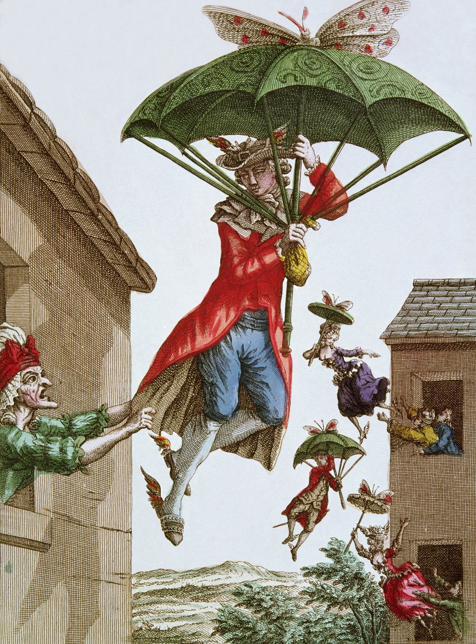 Sollevati da ombrelli e farfalle, uomini e donne volano fuori dalle finestre da French School
