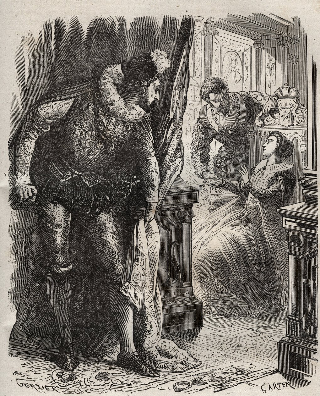 Henry Stuart detto Lord Darnley (1545-1567) sorprese sua moglie, la regina Maria I Stuart (1542-1587), con il suo segretario privato, David Rizzio (m. 1566). Incisione del 1871 in "Histoire Des Cocuses Célèbres" di Henry de Kock da French School