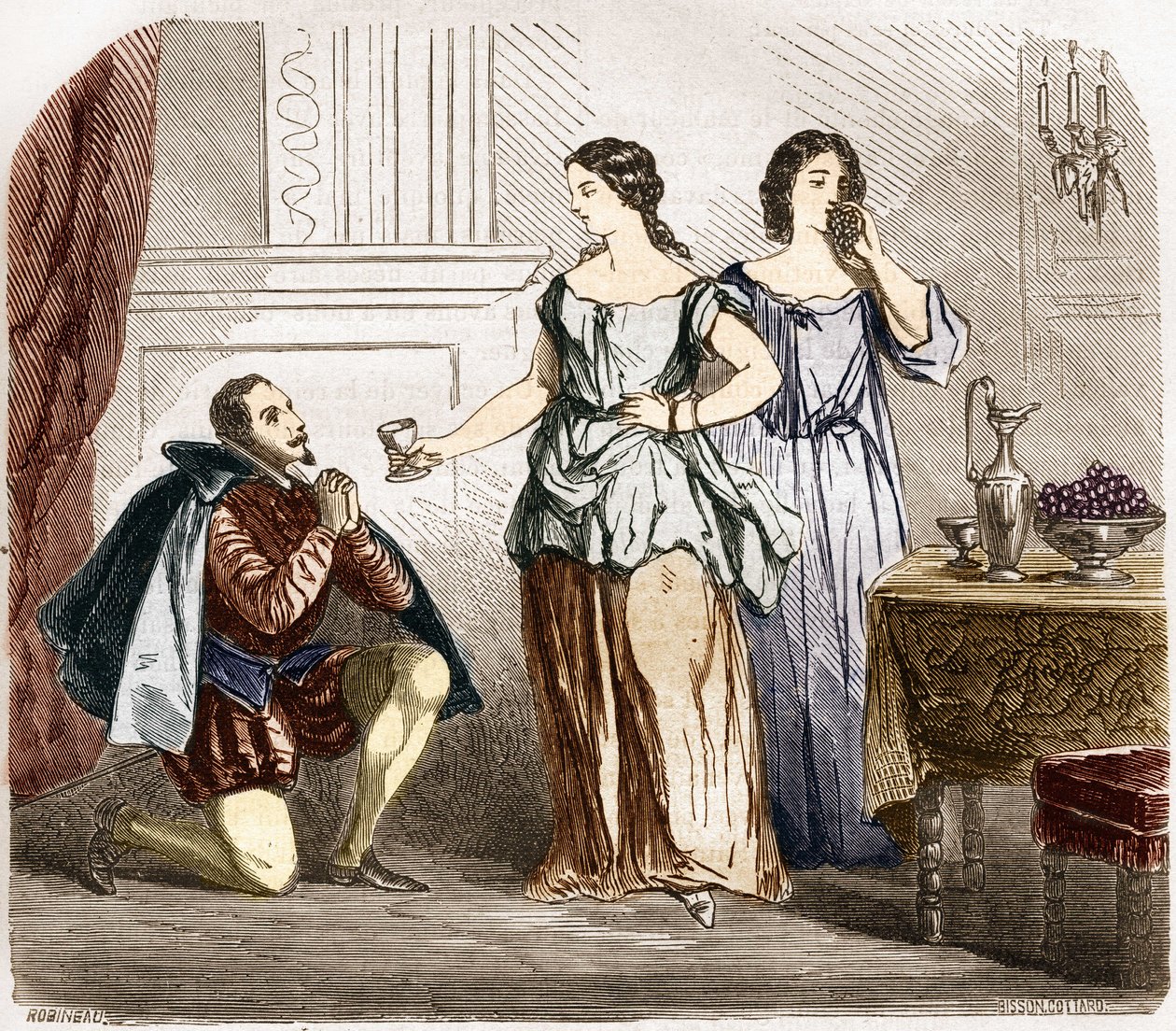 Enrico IV (1553-1610), Re di Francia servito da donne semi-nude. Incisione in 