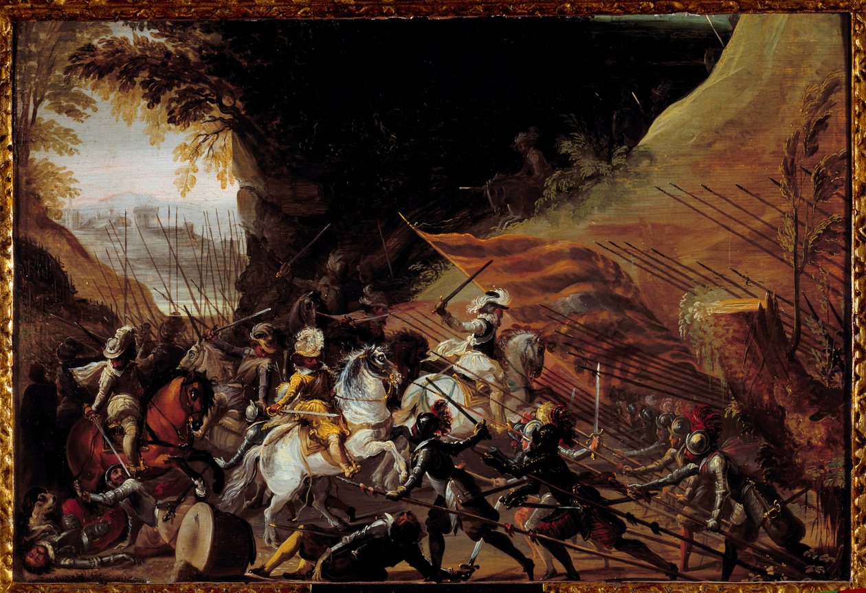 Enrico IV (1589-1610) alla testa della sua cavalleria. Dipinto anonimo francese del XVII secolo. Olio su legno. Dim: 0.35 X 0.52m. Pau, Museo del Castello da French School