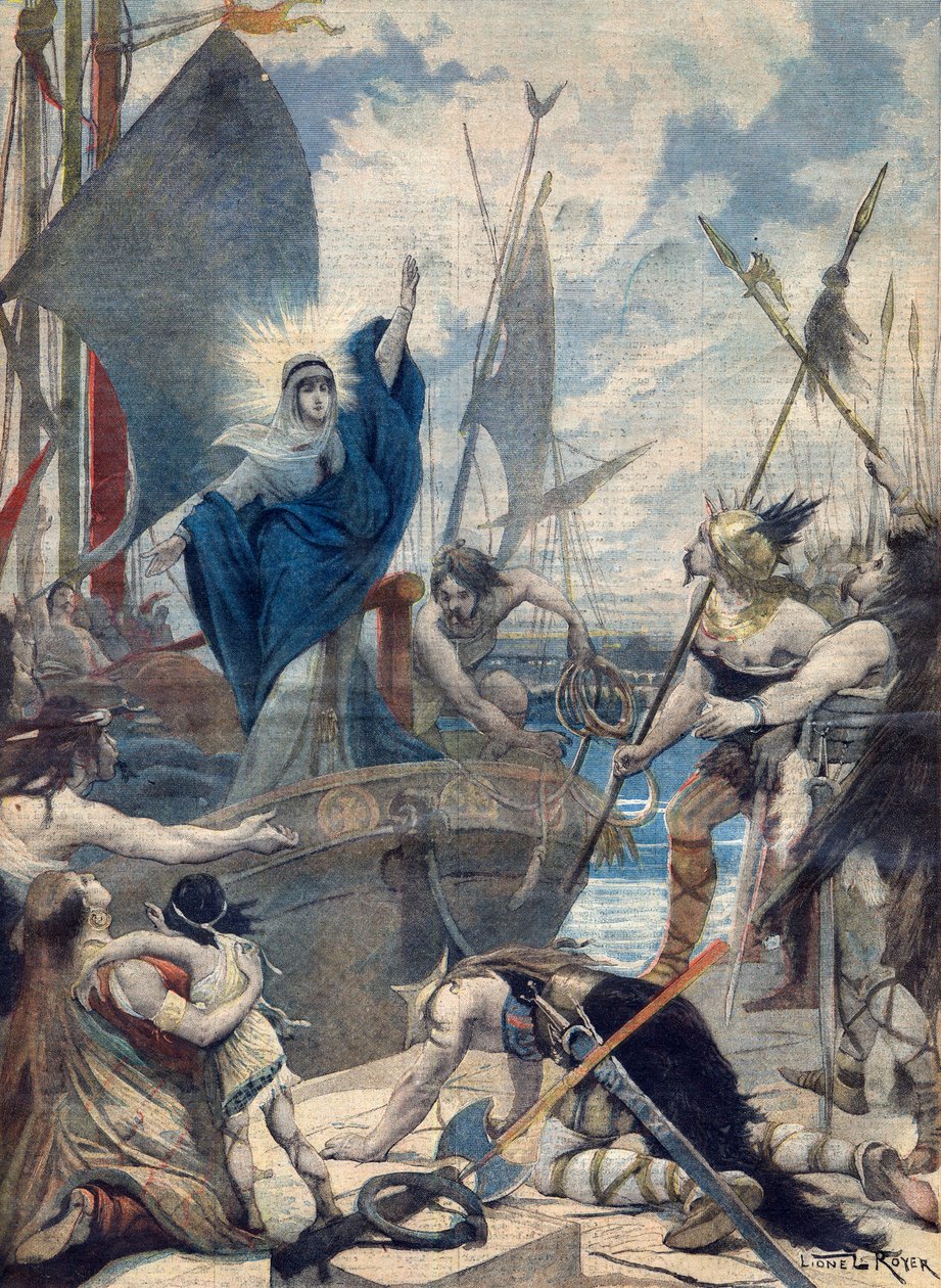 Eroine di Francia: Santa Genoveffa (423-512). Les heroines de France - Invasioni barbariche - Santa Genoveffa salva la città di Parigi. Illustrazione per Le Petit Journal da French School
