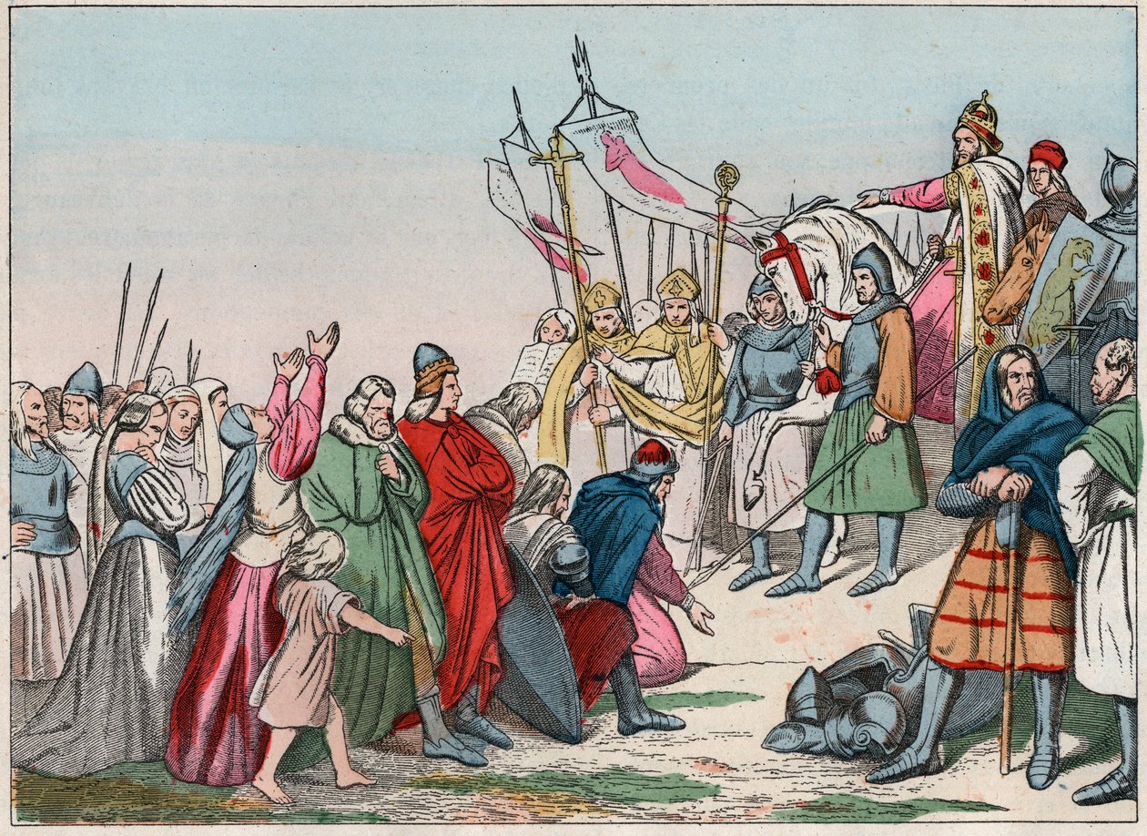 Storia della Gallia nel Medioevo: sassoni germanici inginocchiati davanti al Re Carlo Magno (742 - 814), vincitore delle guerre - Incisione della fine del XIX secolo in "Le nostre glorie nazionali - Immagini e racconti" da French School