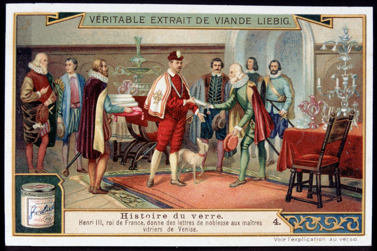 Storia del vetro: Enrico III (1551-1589) Re di Francia conferisce lettere di nobiltà ai maestri vetrai di Venezia. Fine XIX secolo cromolitografia Liebig da French School