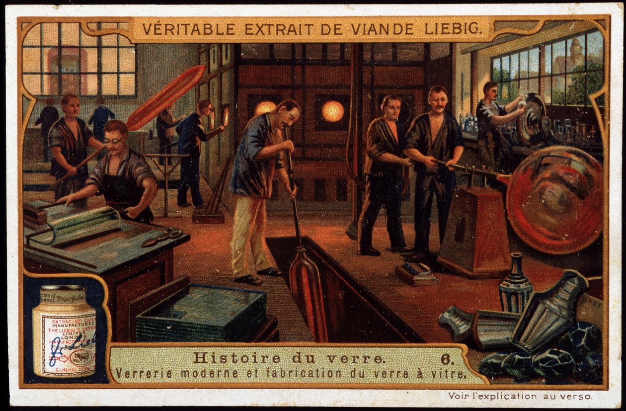 Storia del vetro: Vetreria moderna e produzione di vetro alla fine del XIX secolo. Cromolitografia Liebig, fine XIX secolo da French School