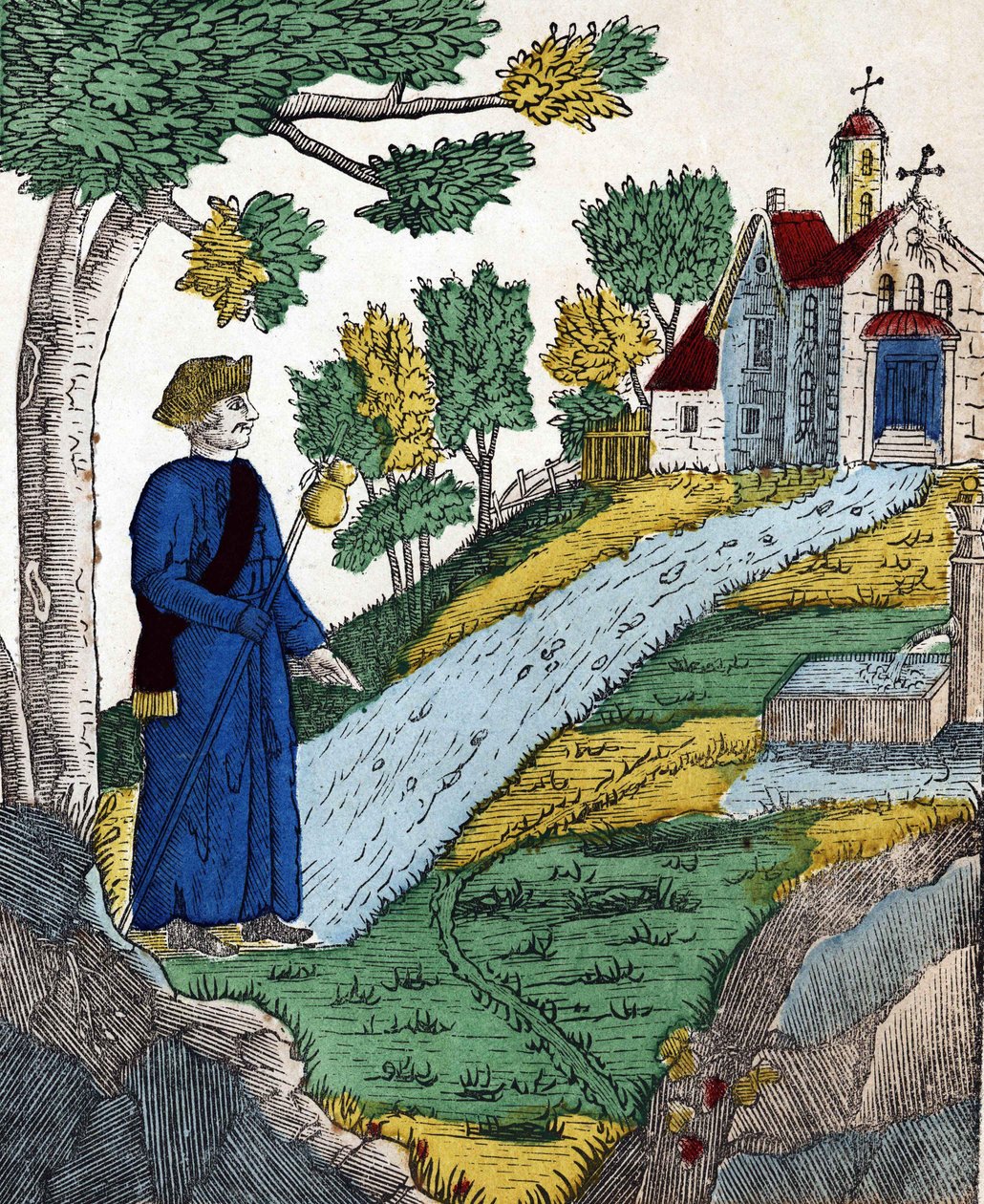 Storia dei quattro figli Aymon; Maugis, dopo aver fatto prigioniero Carlo Magno, andò in un eremo per fare penitenza, immagine di Epinal del XIX secolo da French School