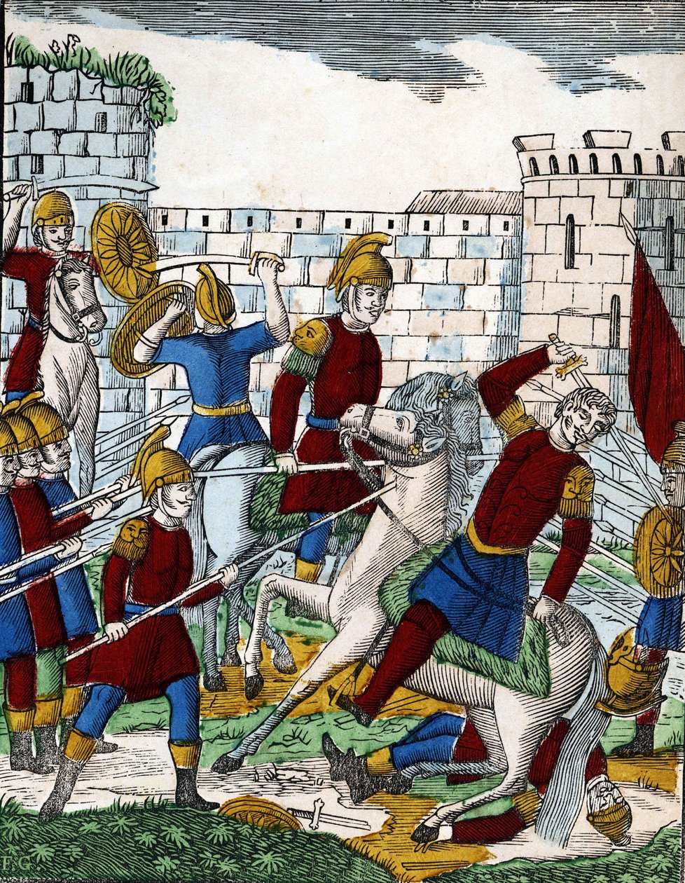 Storia dei quattro figli Aymon; Il traditore Ganelon, in agguato nella valle di Soissons, uccide il Duca di Beauves d