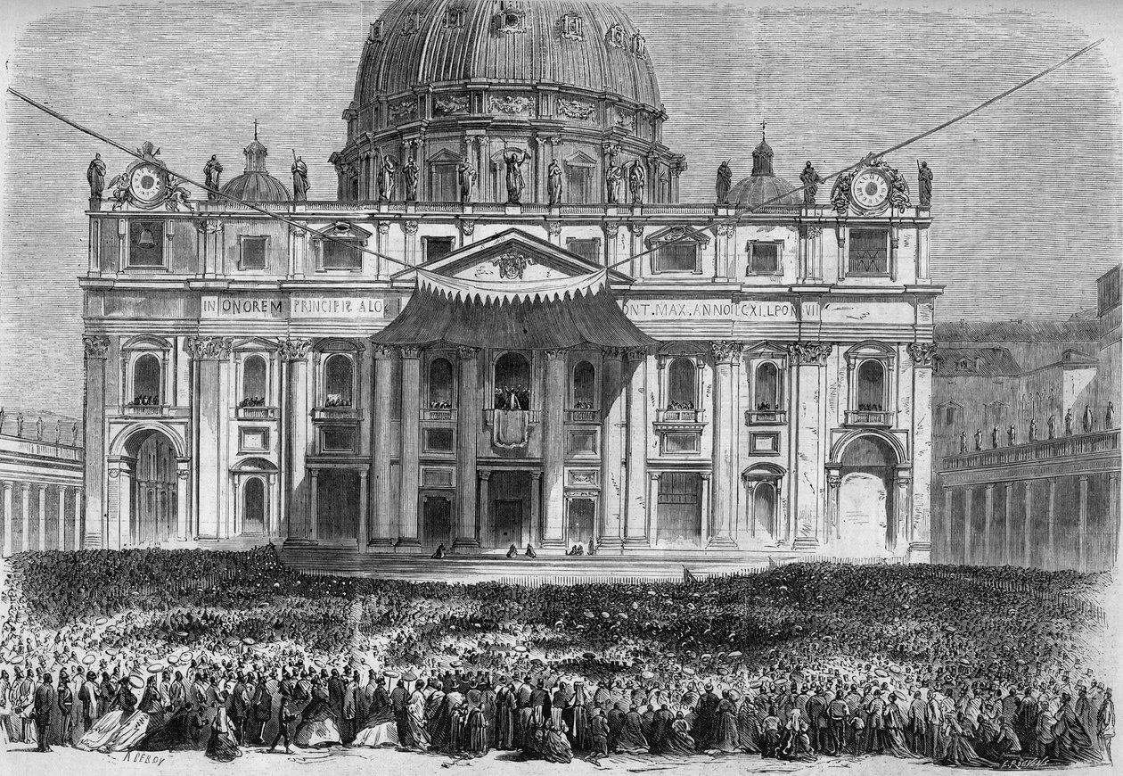 Settimana Santa a Roma: vista di Piazza San Pietro a Roma durante la benedizione "urbi et orbi" il Giovedì Santo e la Domenica di Pasqua. Incisione in "Le Monde Illustré" n.526 dell
