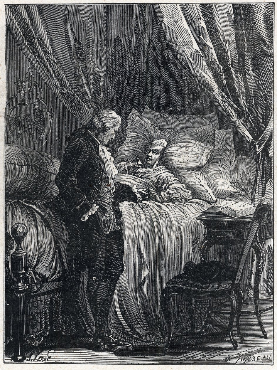 Honoré Gabriel Riqueti, conte di Mirabeau (1749-1791) sul letto di morte con il suo medico, Georges Cabanis (1757-1808) nel 1791 da French School