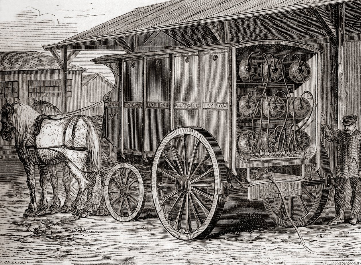 Veicolo trainato da cavalli usato per trasportare gas compresso in contenitori portatili nel XIX secolo, da Les Merveilles de la Science, pub. c.1870 da French School