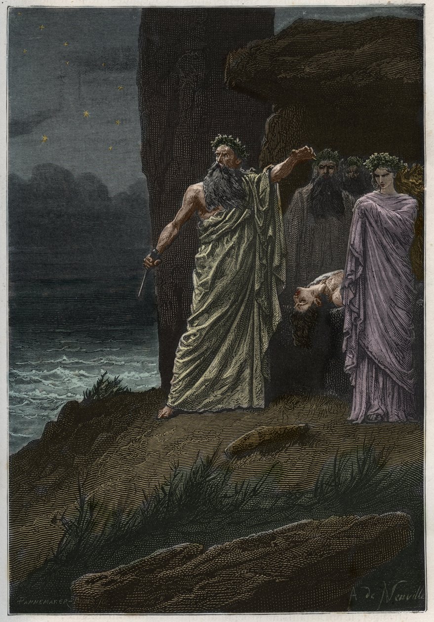 Sacrificio umano da parte dei druidi dopo Alphonse de Neuville - Druidi che offrono sacrifici umani - incisione da 