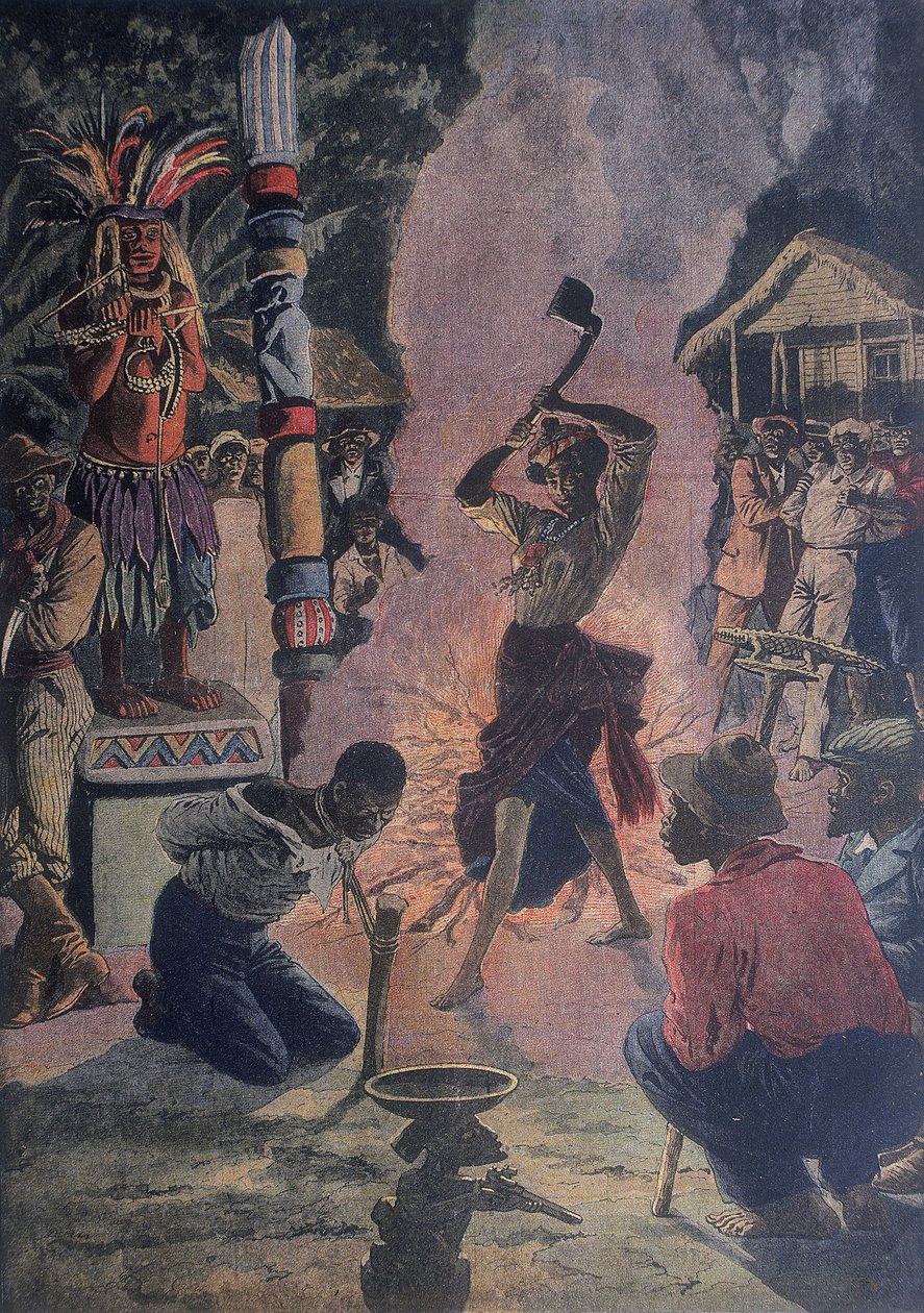 Sacrificio umano durante una cerimonia Voodoo, La Fayette, Louisiana, U.S.A. da French School