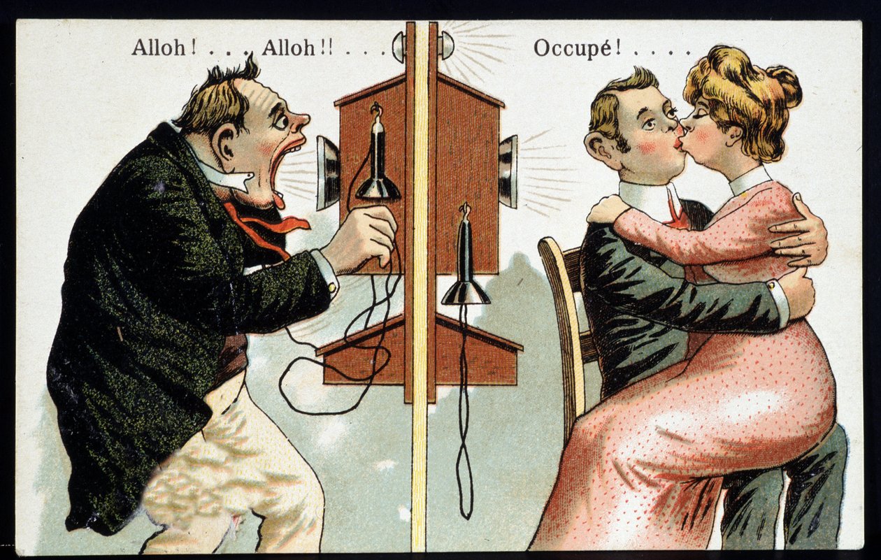 Cartolina umoristica sul telefono, inizio XX secolo da French School