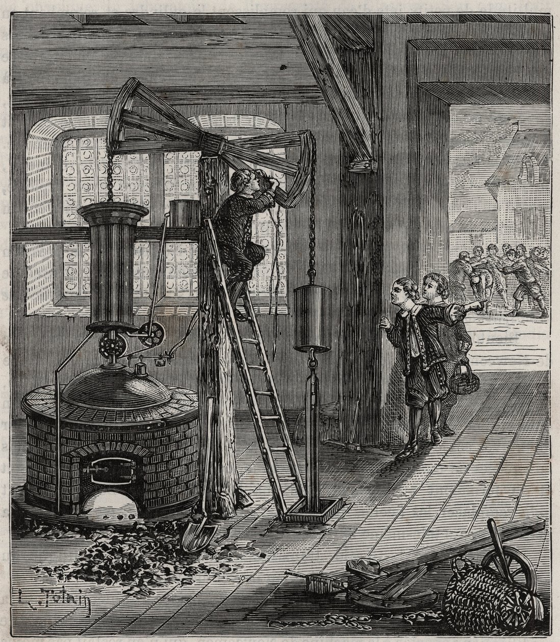 Humphrey Potter, incaricato di aprire e chiudere le valvole della macchina di Thomas Newcomen, la fa funzionare senza assistenza posizionando correttamente corde e fermagli per aprire e chiudere le valvole da French School