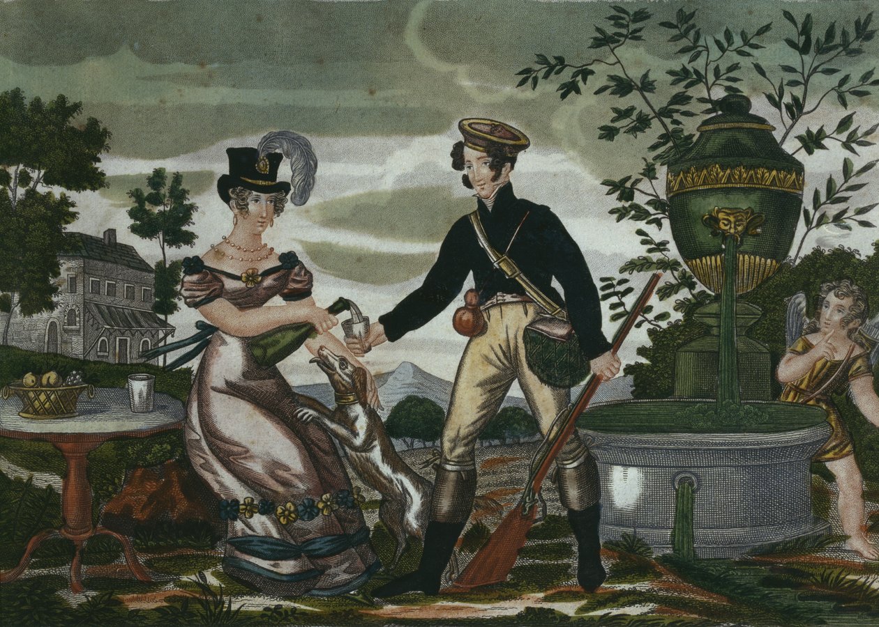 Incontro di caccia, tavola 2, inizio XIX secolo (incisione a colori) da French School