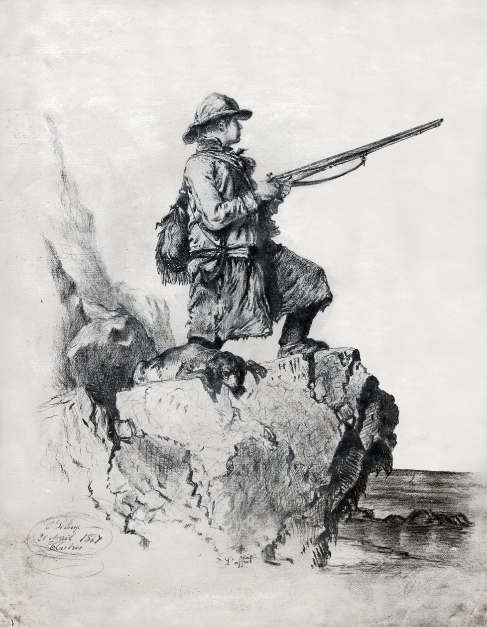 Cacciatore con il suo cane (disegno) da French School