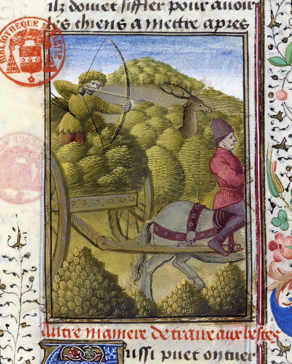 Caccia al cervo con arco e trappola - nel "Libro di Caccia di Gaston Phoebus, Conte di Foix, Signore di Béarn" da French School