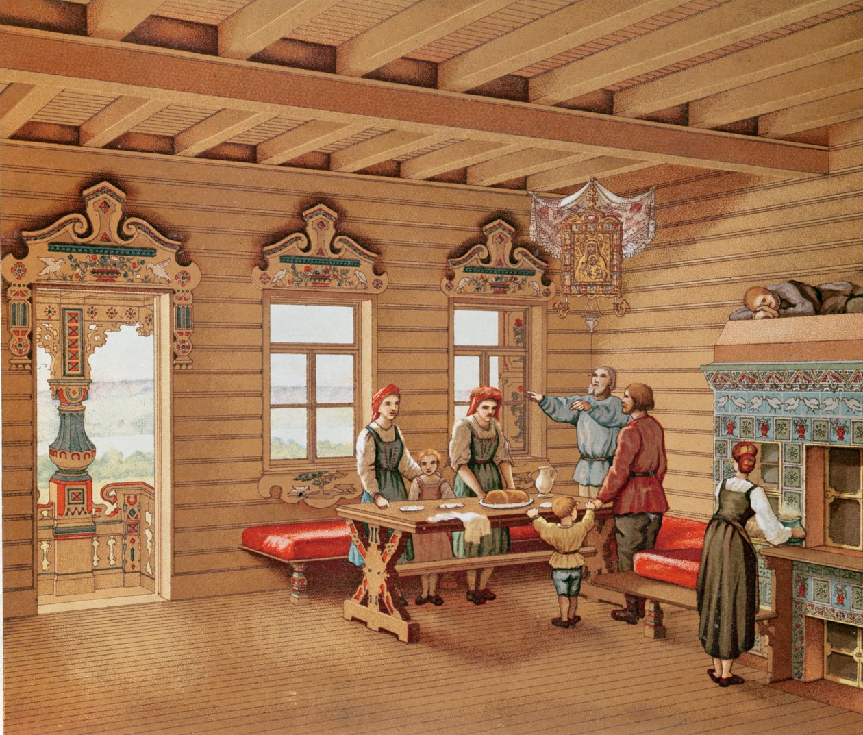 Interno idealizzato di una izba russa, c.1880 da French School