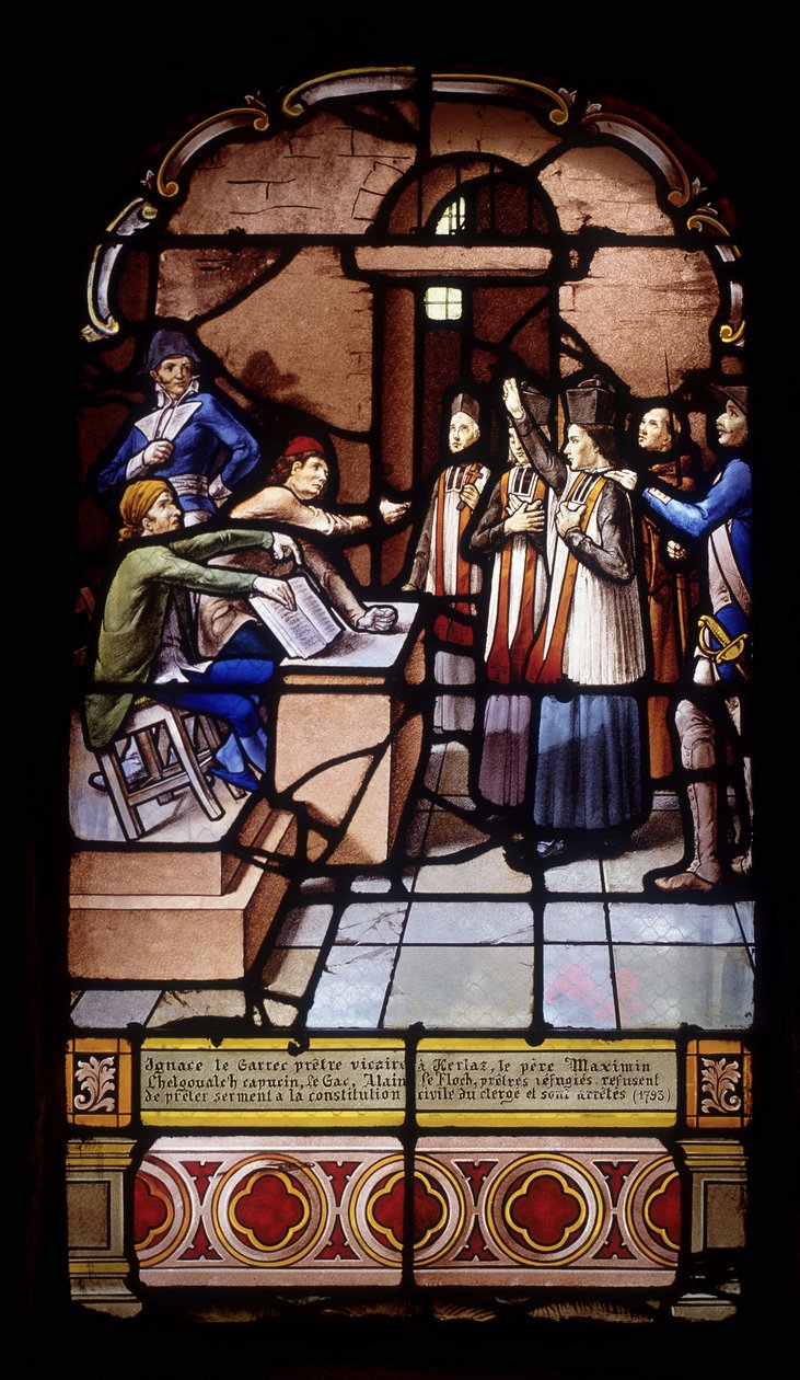 Ignace le Garrec, vicario sacerdote a Kerlaz, Padre Maximin Chelgoualch, Cappuccino, Le Gac, Alain Le Floch, sacerdoti rifugiati, rifiutano di prestare giuramento alla costituzione civile del clero e vengono arrestati da French School