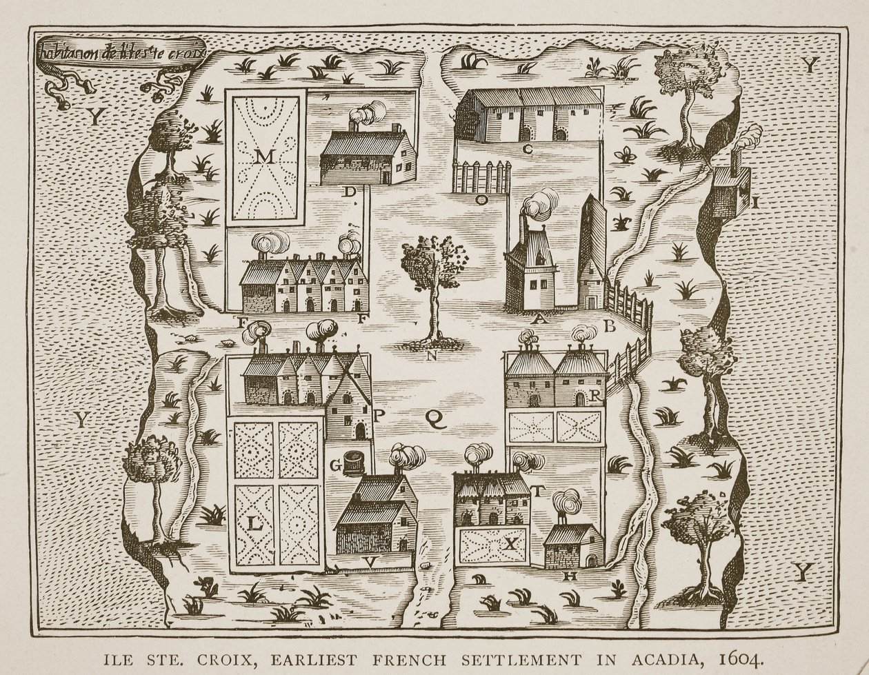 Ile Ste. Croix, il primo insediamento francese in Acadia, 1604, da Voyages di Samuel de Champlain (c.1580-1635), 1613 da French School