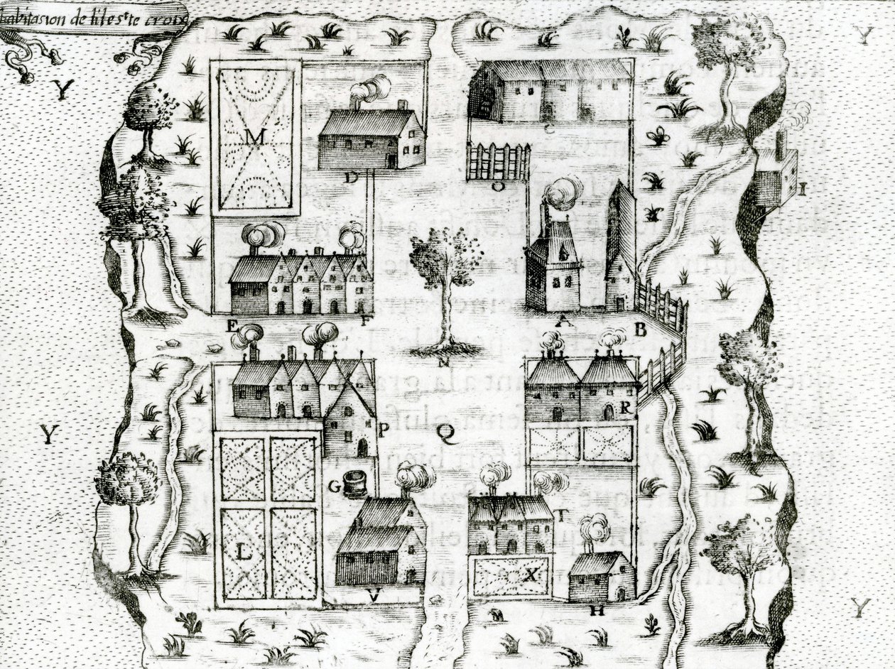 Ile Ste. Croix, il primo insediamento francese in Acadia, 1604, dai Viaggi di Samuel de Champlain (c.1580-1635), 1613 da French School
