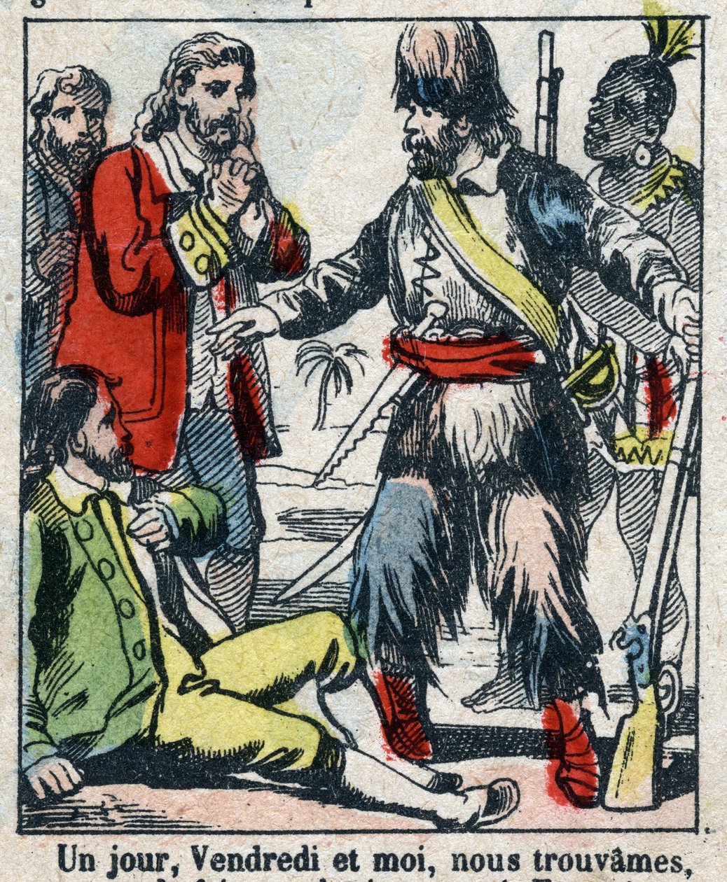 Illustrazione per il libro di Daniel Defoe "Robinson Crusoe". Immagine di Epinal fine XIX secolo da French School